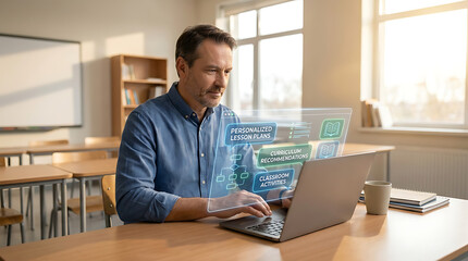 Obraz premium Professional Educator Using Advanced Artificial Intelligence Technology for Personalized Student Lesson Planning in a Modern Classroom Setting