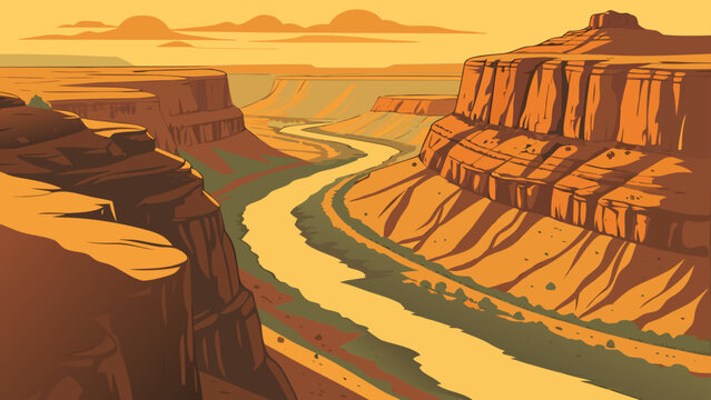 Graphic illustration of a deep river canyon at golden sunset with landscape