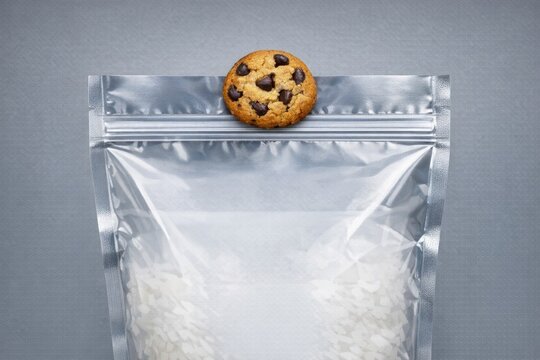 A simple meal of cookie and rice served in a bag on a table