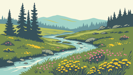 Obraz premium Idyllic landscape featuring a winding river in a mountainous meadow, landscape