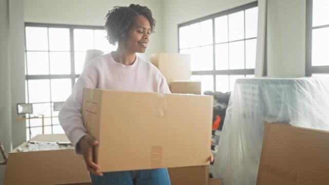 Young woman holding a cardboard box with hands and smiling while unpacking, surrounded by stacked moving boxes and covered furniture in a building; hopeful new beginning.