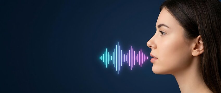 Side profile of woman speaking creating bright pulsating neon sound wave over dark blue canvas modern audio signal graphic for technology or communication concept.