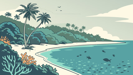 Tropical beach paradise with palm trees and coral reefs tropical paradise © Tasfia