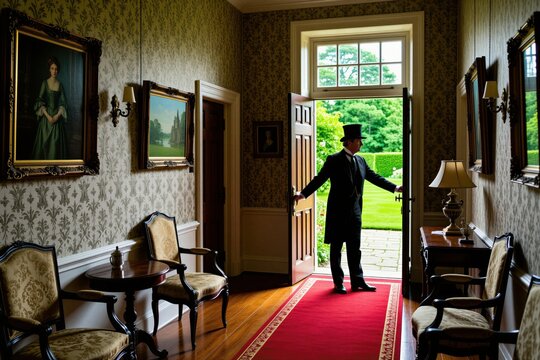 Butler in formal attire opens grand door at luxurious estate hallway. Red carpet leads to gardens. Old paintings and antique chairs furnish elegant interior.