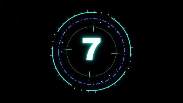 Futuristic HUD Countdown Timer Number 7 with Glowing Cyan Blue Neon Sci Fi Digital Interface Circle Elements