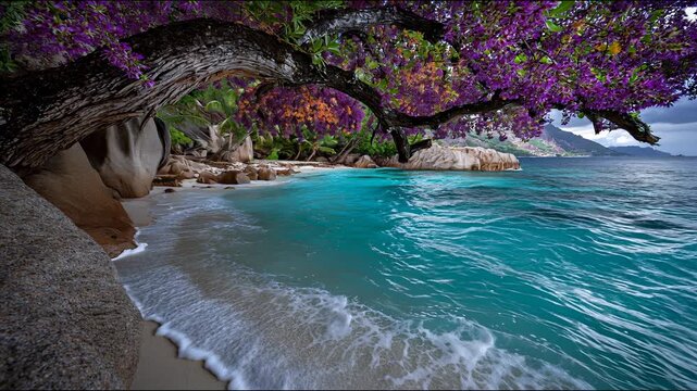 Turquoise ocean waves gently rolling onto a sandy beach beneath large trees draped in vibrant purple flowers.