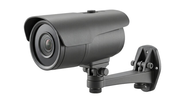 Black outdoor security camera with wall mount bracket isolated on transparent background png for surveillance.