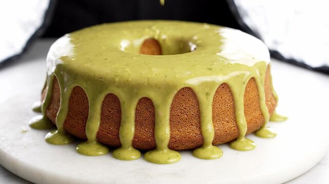 Delicious bundt cake with green glaze being poured on top.