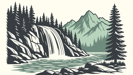 Mountain waterfall landscape with pine forest and rocky river, waterfall © Tasfia