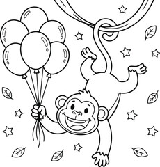 Fototapeta premium Cute monkey holding balloons coloring book design