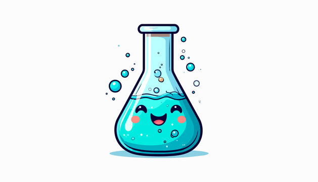 Cute smiling laboratory flask with blue bubbling liquid