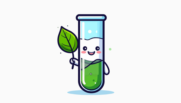Happy test tube mascot holding a leaf for biotechnology concept