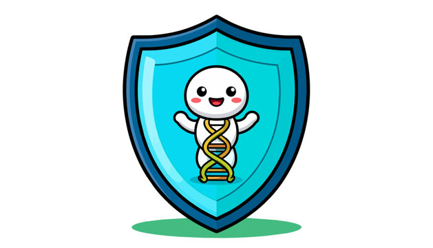 Kawaii character with dna helix inside a protective blue shield