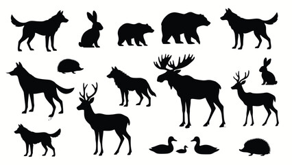 Obraz premium Black forest wildlife silhouette collection set with moose bear wolf and deer vector illustration
