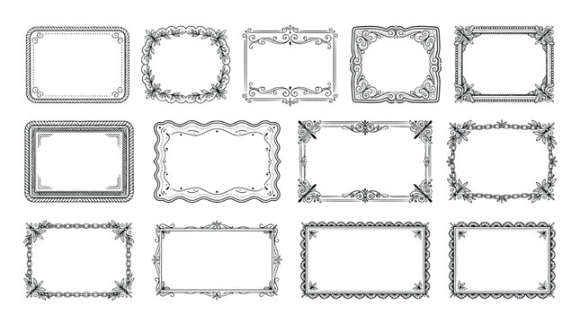 Ornate vintage frames set with floral scrolls and decorative borders for classic design elements isolated on transparent background.