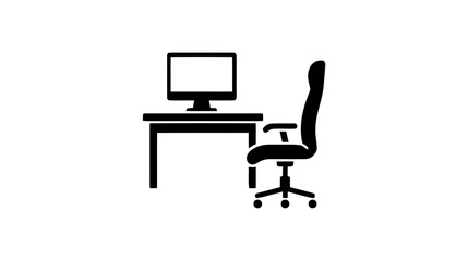 Fototapeta premium Vector illustration of office desk with computer and ergonomic chair icon on a transparent background