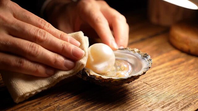 Hands cleaning a fresh oyster with a cloth on a wooden table.