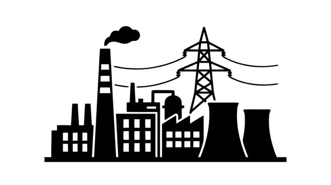 Vector illustration of industrial power plant icon with smoke stack and electricity transmission tower on a transparent background