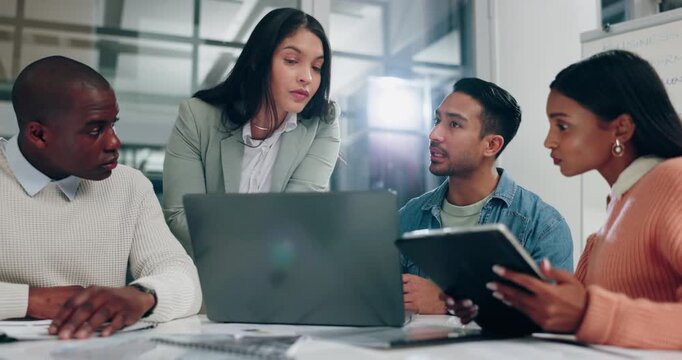 Business, people and problem solving on computer in office and brainstorming ideas to fix glitch or mistake online. Manager, meeting and teamwork or collaboration online for solution with tech