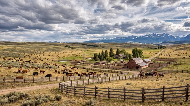 Vast Prairie Ranch Landscape with Distant Mountains