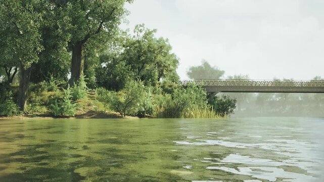 Concrete arch standing over shallow water. Overcast sky casts diffuse light, shoreline reeds and pebbles framing algaeslick surface, faint ripples and distant