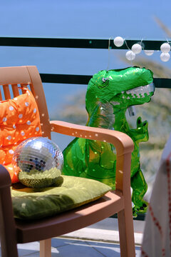Dinosaur Balloon and Disco Ball on Oceanfront Balcony, Funchal
