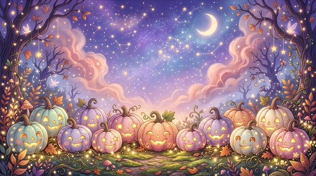 Group of glowing halloween pumpkins in a magical night forest under a moonlit purple sky