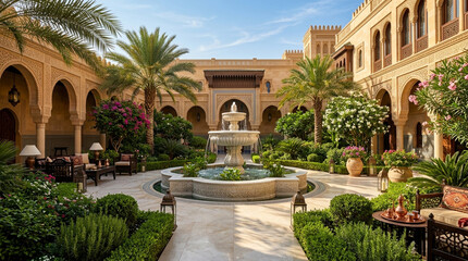 Fototapeta premium Exotic Courtyard Oasis: Moroccan Riad Arabic Architecture Fountain Palm Trees