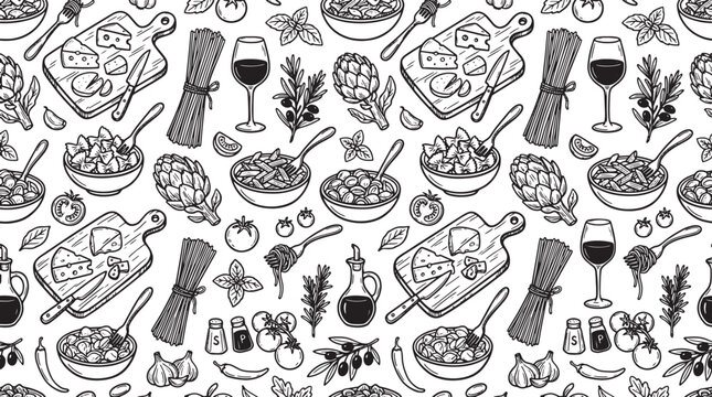 Hand drawn italian food seamless pattern with pasta cheese wine and fresh vegetables in a black and white sketch style