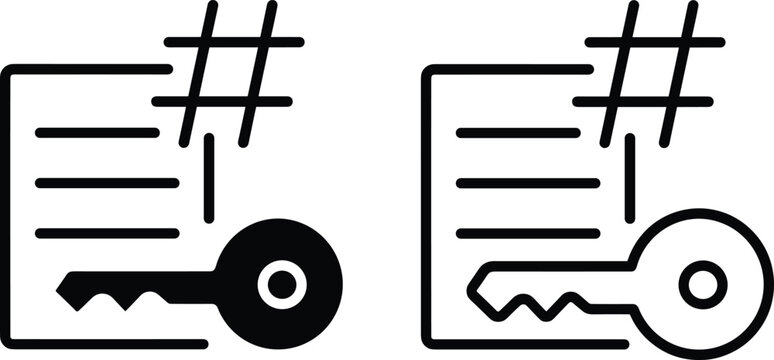 Document security and hashtag key icon set isolated on white background vector
