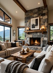 Obraz premium Modern living room features stone fireplace with burning fire. Cozy interior design combines contemporary style with rustic charm. Large windows offer mountain view scenery. Neutral furniture