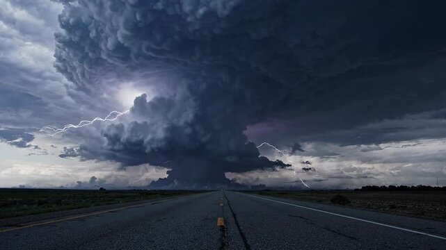 Dramatic Supercell Thunderstorm with Lightning Over a Desert Highway.