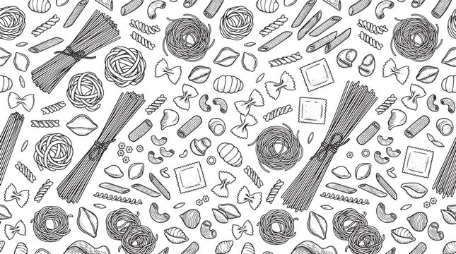 Hand drawn pasta pattern featuring various noodle shapes and spaghetti bundles in a detailed black and white sketch style