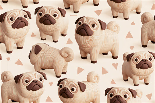 Seamless 2.5D Pug Puppy Pattern