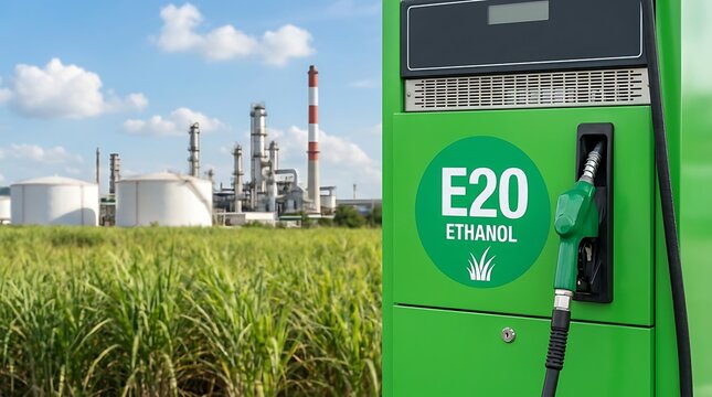 Sustainable energy fuel pump with e20 ethanol sticker against sugarcane plantation and industrial plant background represents green bio fuel production for cleaner environment today.
