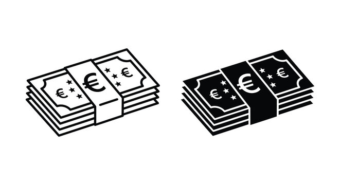 Stacks Of Euro Currency With Symbols Black And White Line Illustration