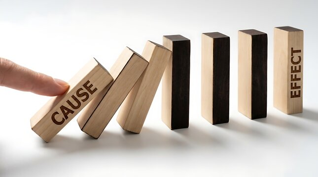 Finger pushing domino blocks with words cause and effect illustrating concept of chain reaction and consequences in business and life metaphor.