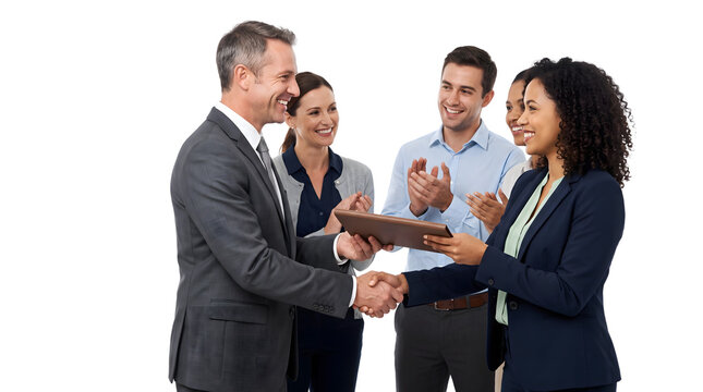 Business people shaking hands. Diverse professional team celebrating a successful deal.