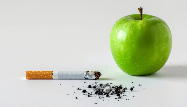 Healthy Lifestyle Choice Green Apple and Cigarette on White Background