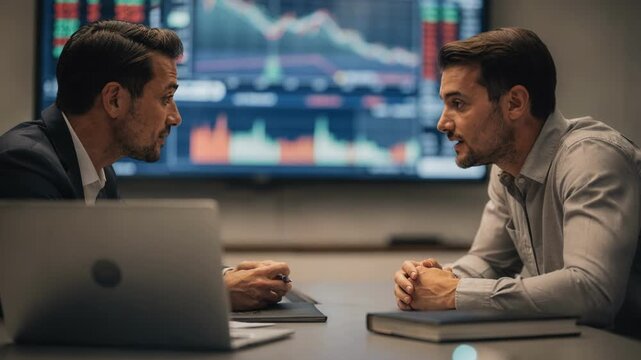 Engaged active trader receiving leverage explanations from broker focused view capturing animated exchange with blurred stock ticker display behind.