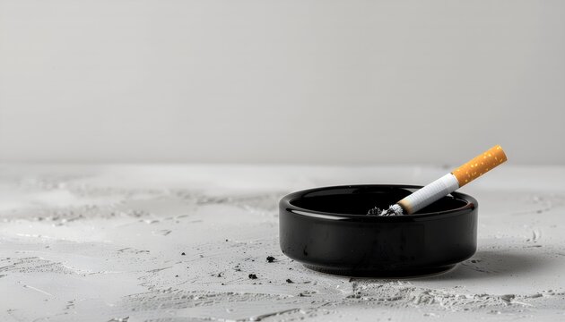 Single Lit Cigarette in Black Ashtray on Textured Surface