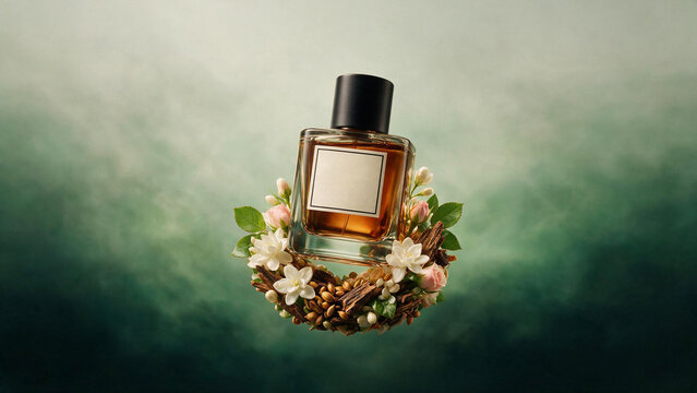 Luxury perfume bottle mockup floating with flowers on green background