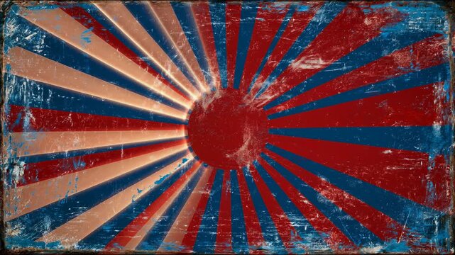 A retro sunburst pattern with radiating red, white and blue stripes on a textured vintage surface.