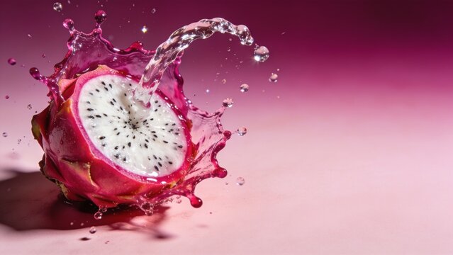 Vibrant dragon fruit bursting with refreshing water splash against pink gradient background