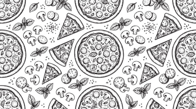 Hand drawn pizza pattern with pepperoni mushrooms and basil leaves on white background for restaurant menu design vector