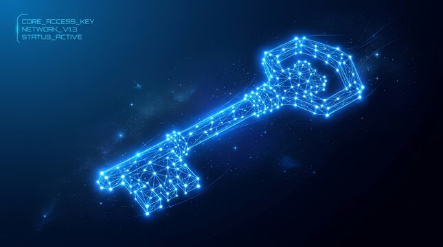 Digital key made of glowing blue lines and dots, representing cybersecurity, encryption, blockchain technology, and secure access in a futuristic abstract design