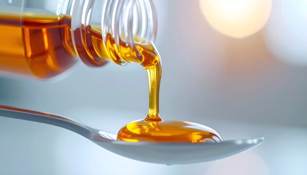 Golden Liquid Medicine Pouring from Bottle into a Metal Spoon