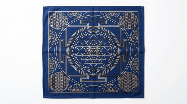 Intricate geometric sri yantra symbol on dark blue fabric with geometry spiritual meditation esoteric mystical consciousness mindfulness hinduism tradition background symmetric ornament