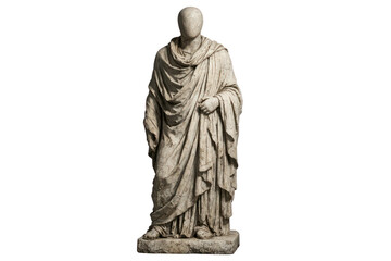 Fototapeta premium Ancient marble statue of robed man, classical Roman sculpture on pedestal, weathered stone figure for history decor isolated PNG with Transparent Background
