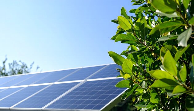Solar panels for clean energy with green foliage under blue sky